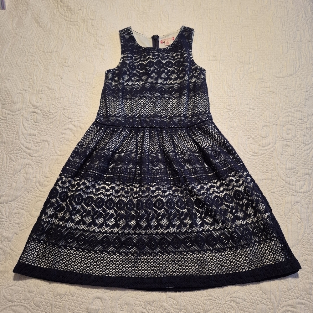 Ruby & Bloom girls size 8 blue overlay knit dress with white lining VGUC